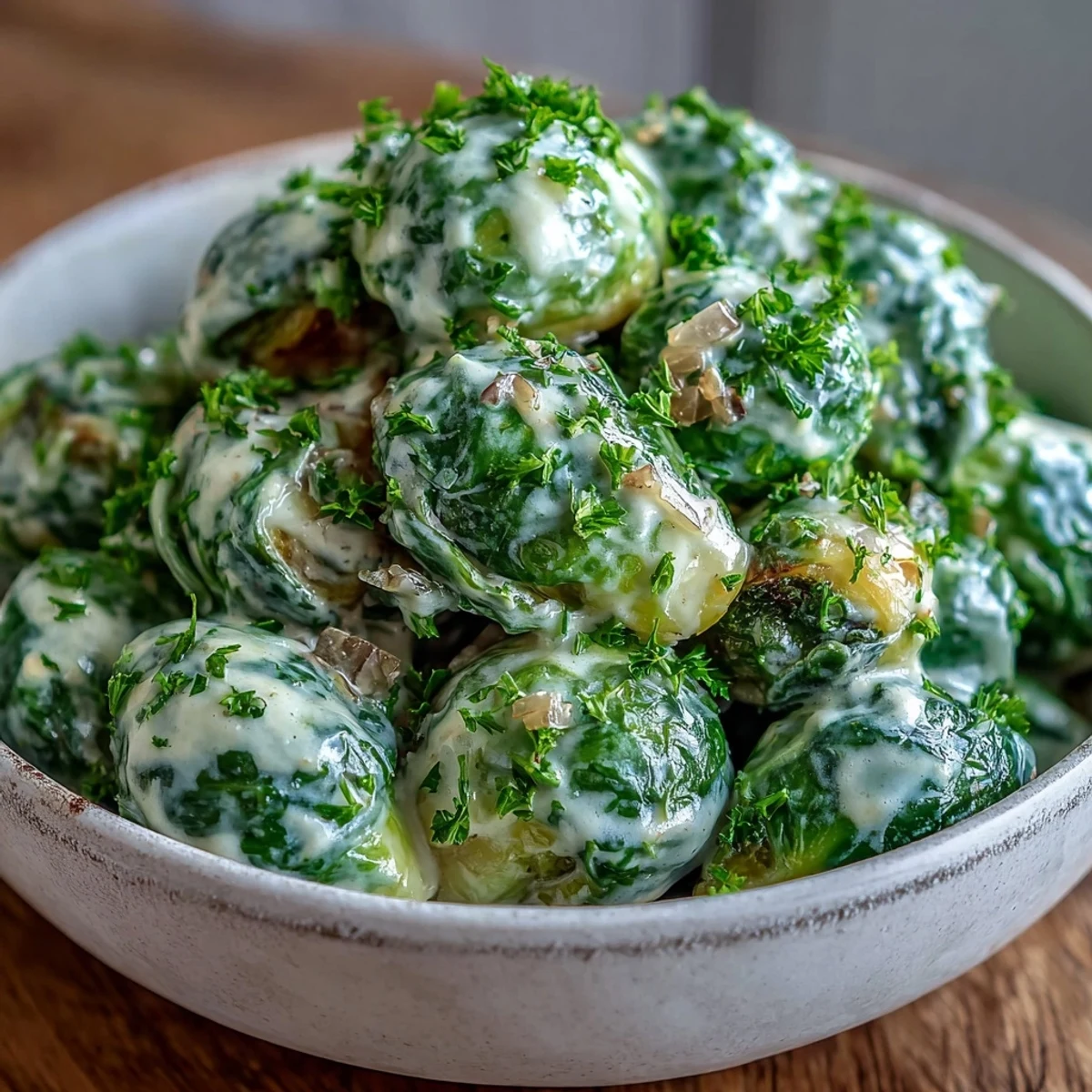 Sautéed Brussels sprouts in a rich cream cheese-mustard sauce, perfect for a vegetarian meal.