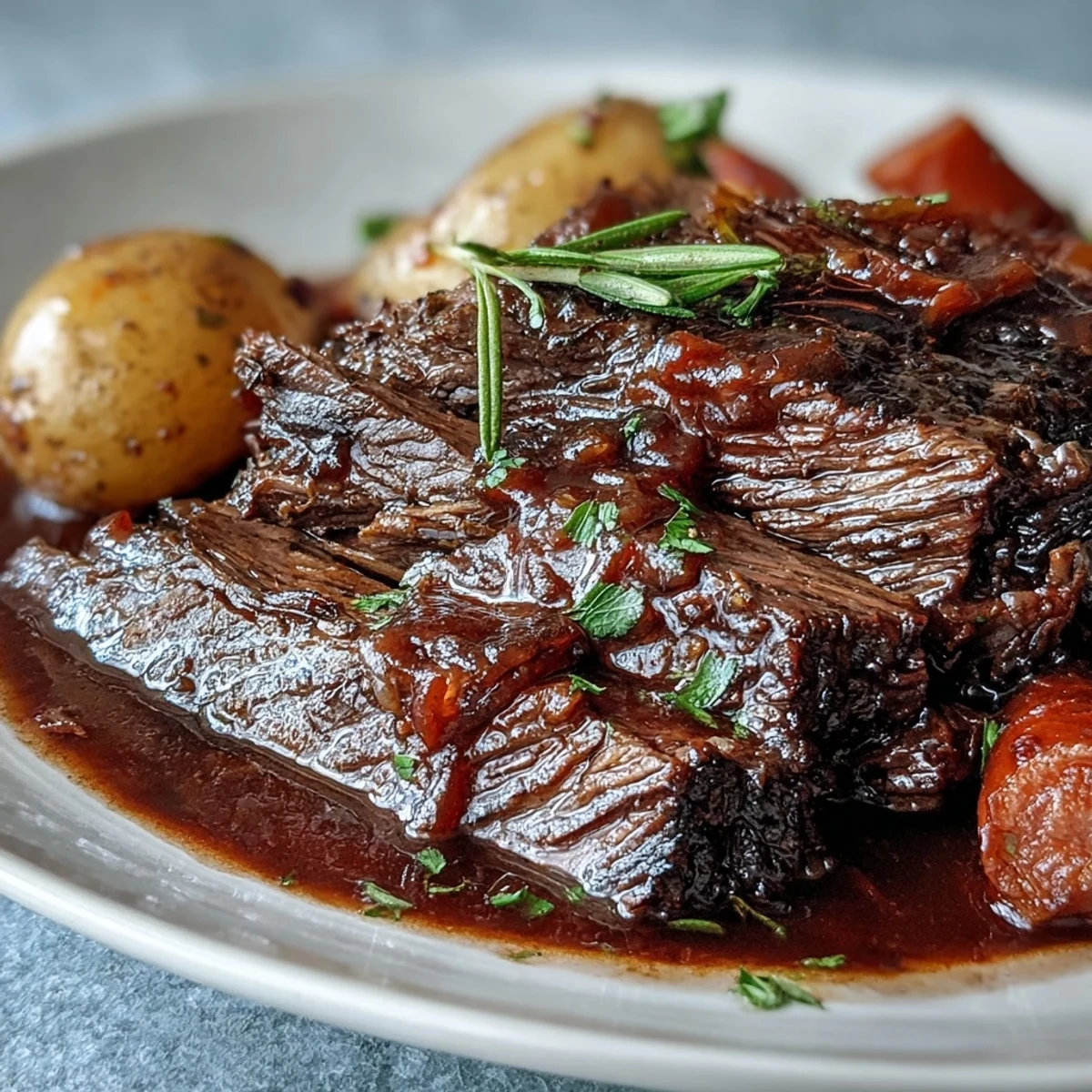 Magersahnes Beef Pot Roast, frisch aus dem Schmortopf, serviert mit glänzender Sauce und Petersilie.