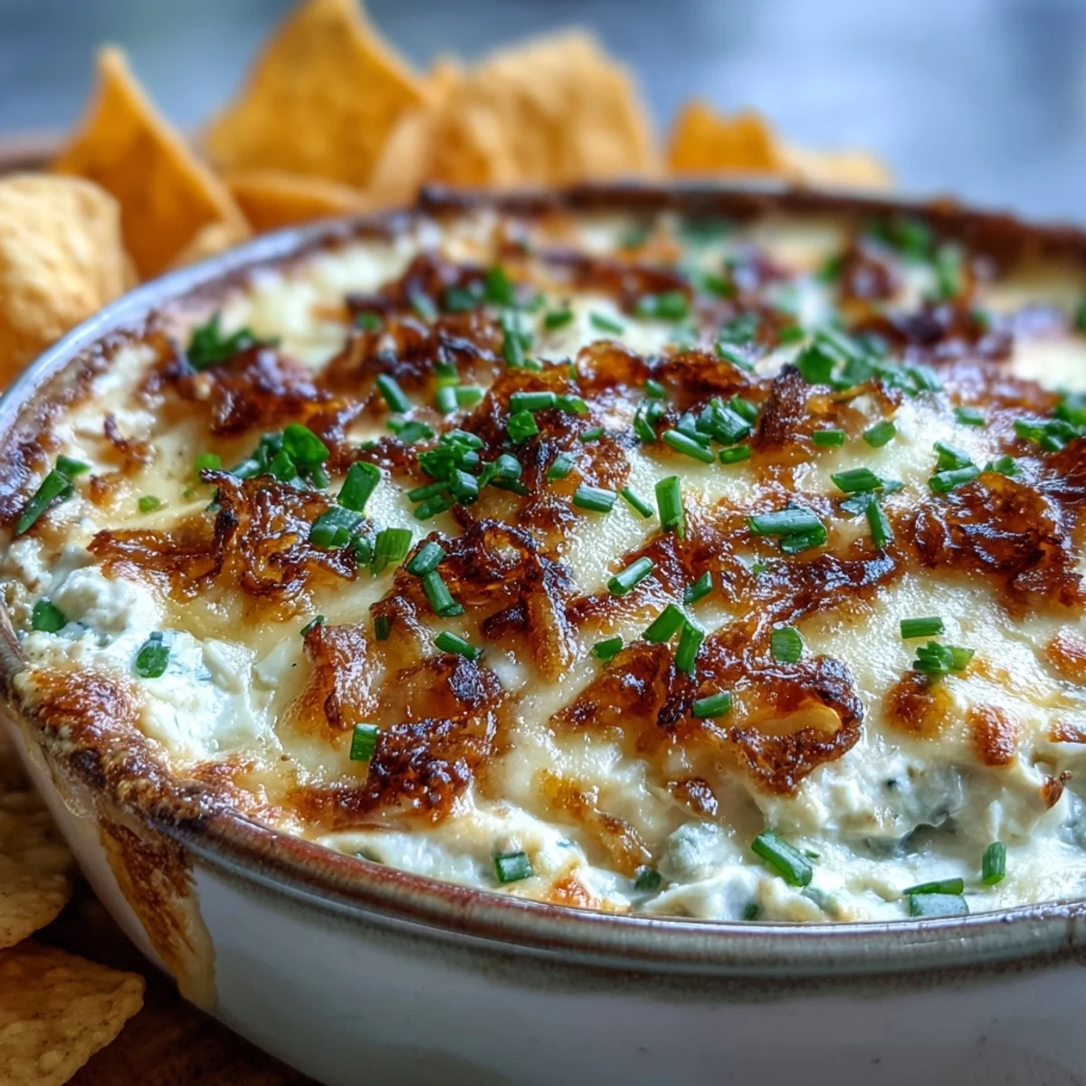 Smoked Gouda & Onion Dip aus dem Ofen: bubbling golden cheese with fresh chives.