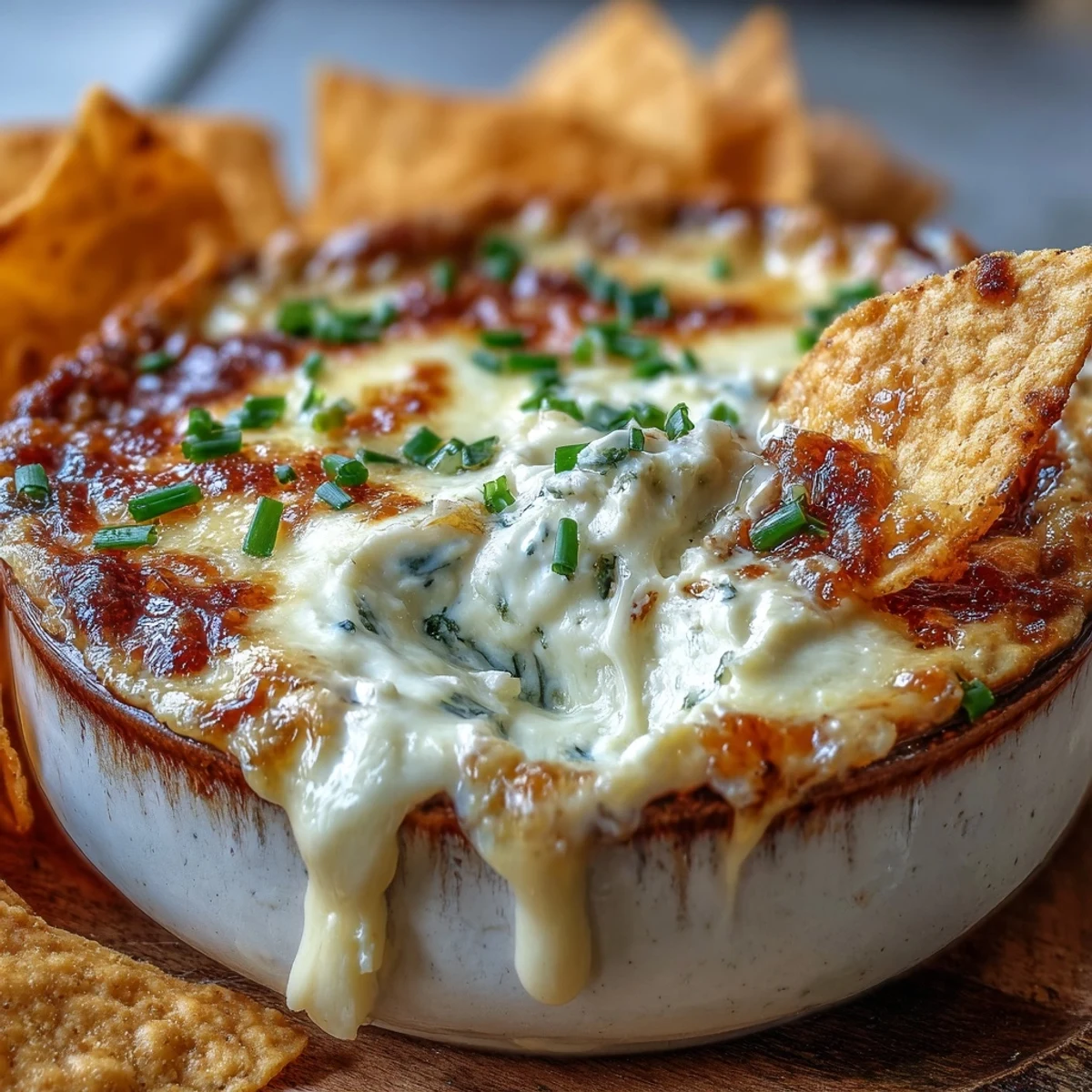Warm Smoked Gouda & Onion Dip served with crunchy tortilla chips for dipping.