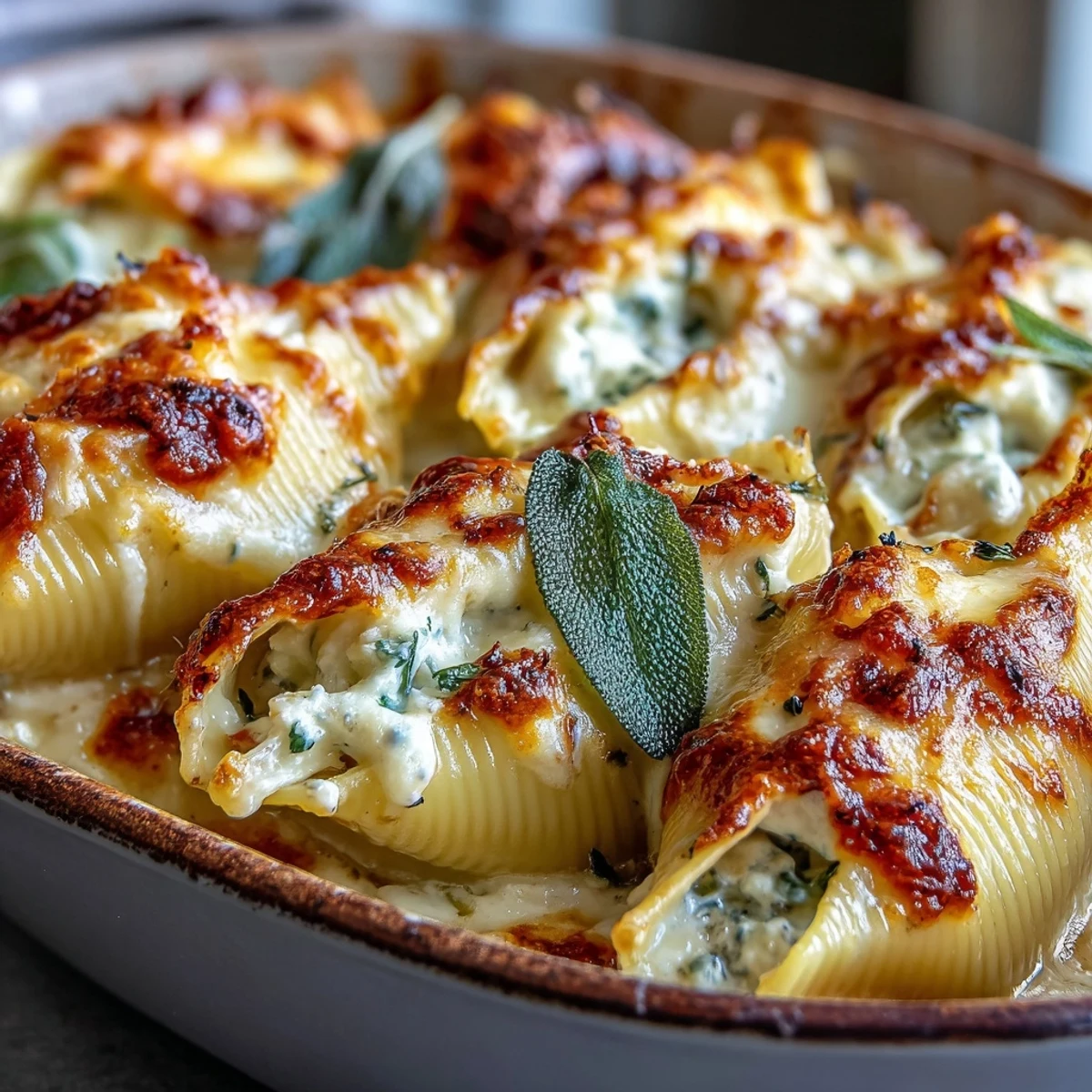 Pumpkin & Gouda Stuffed Shells with Brown Butter & Sage Alfredo Sauce bubbling in a ceramic dish, garnished with fresh sage and black pepper.