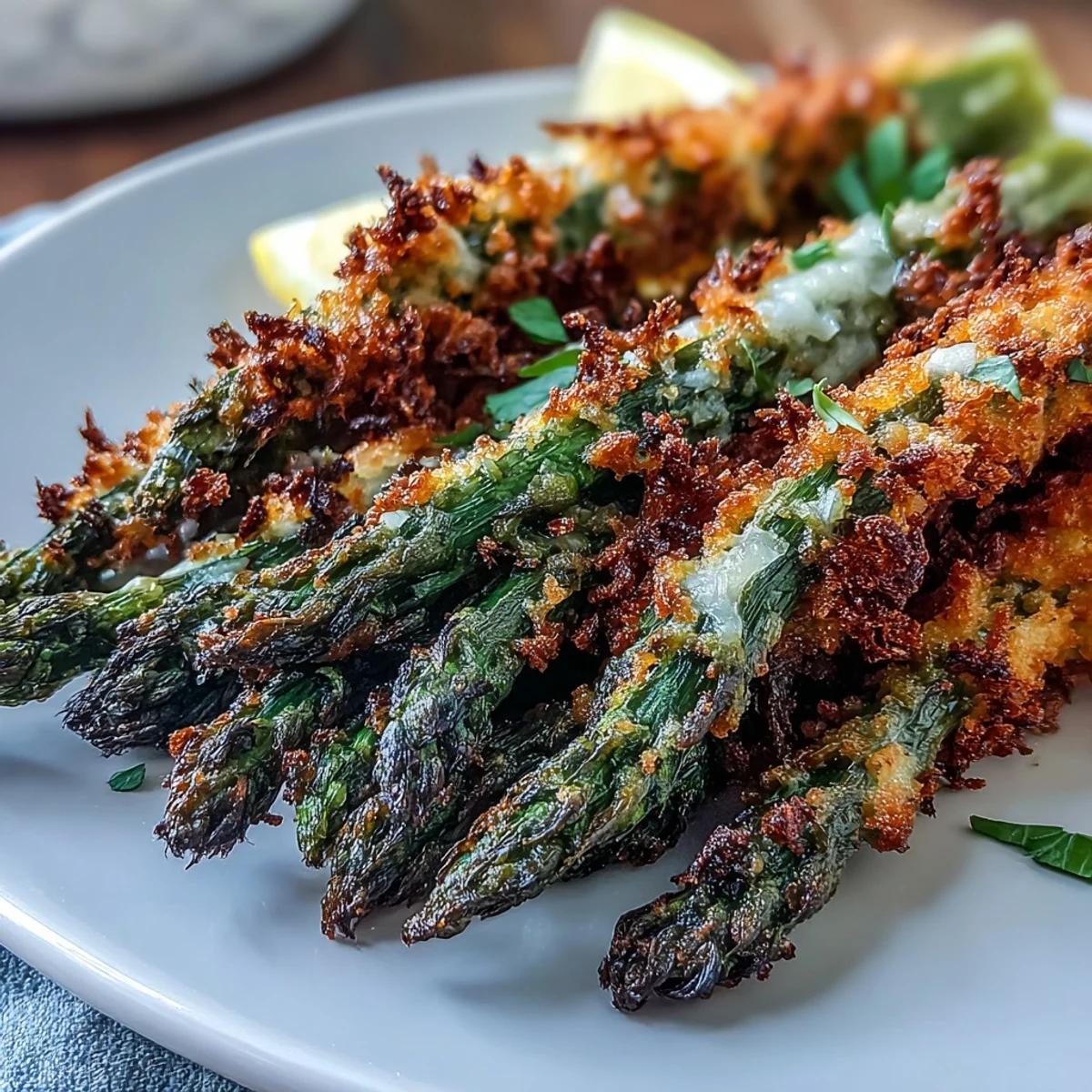Goldene Crispy Asparagus Asiago Speere auf Backblech mit Zitronenkeilen