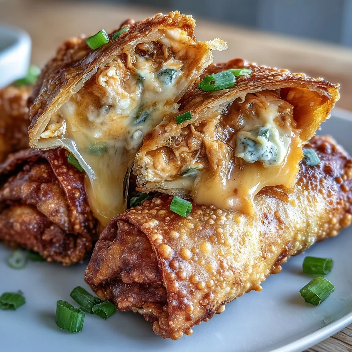 Crispy golden Buffalo Chicken Dip Egg Rolls stuffed with creamy, spicy chicken and melty cheddar, served with ranch dipping sauce.