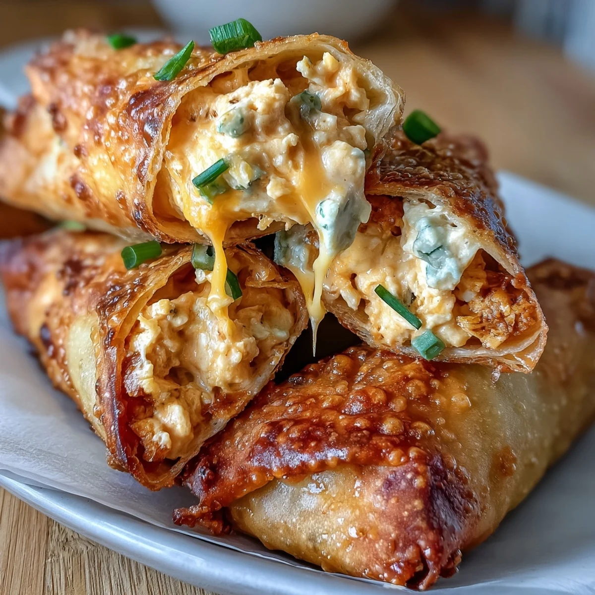 Air-fried Buffalo Chicken Dip Egg Rolls served with carrot sticks and blue cheese dip for a crunchy, spicy appetizer.