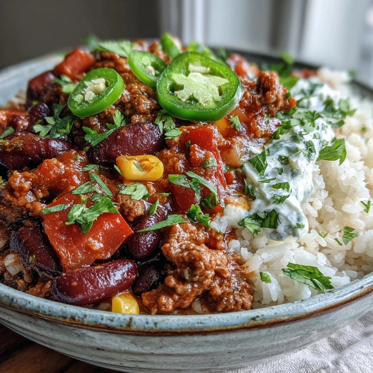 Einfarbige Chili-Bowl mit gekochtem Reis, schwarzen Bohnen, Mais und einer Scheibe Avocado im Schalen auf hellem Hintergrund.