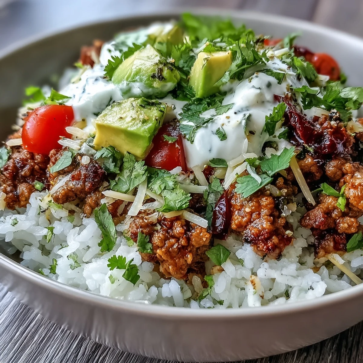 Crispy avocado and cheddar cheese top this vibrant Turkey Taco Bowl, served over fluffy rice with lime wedges for a zesty finish.