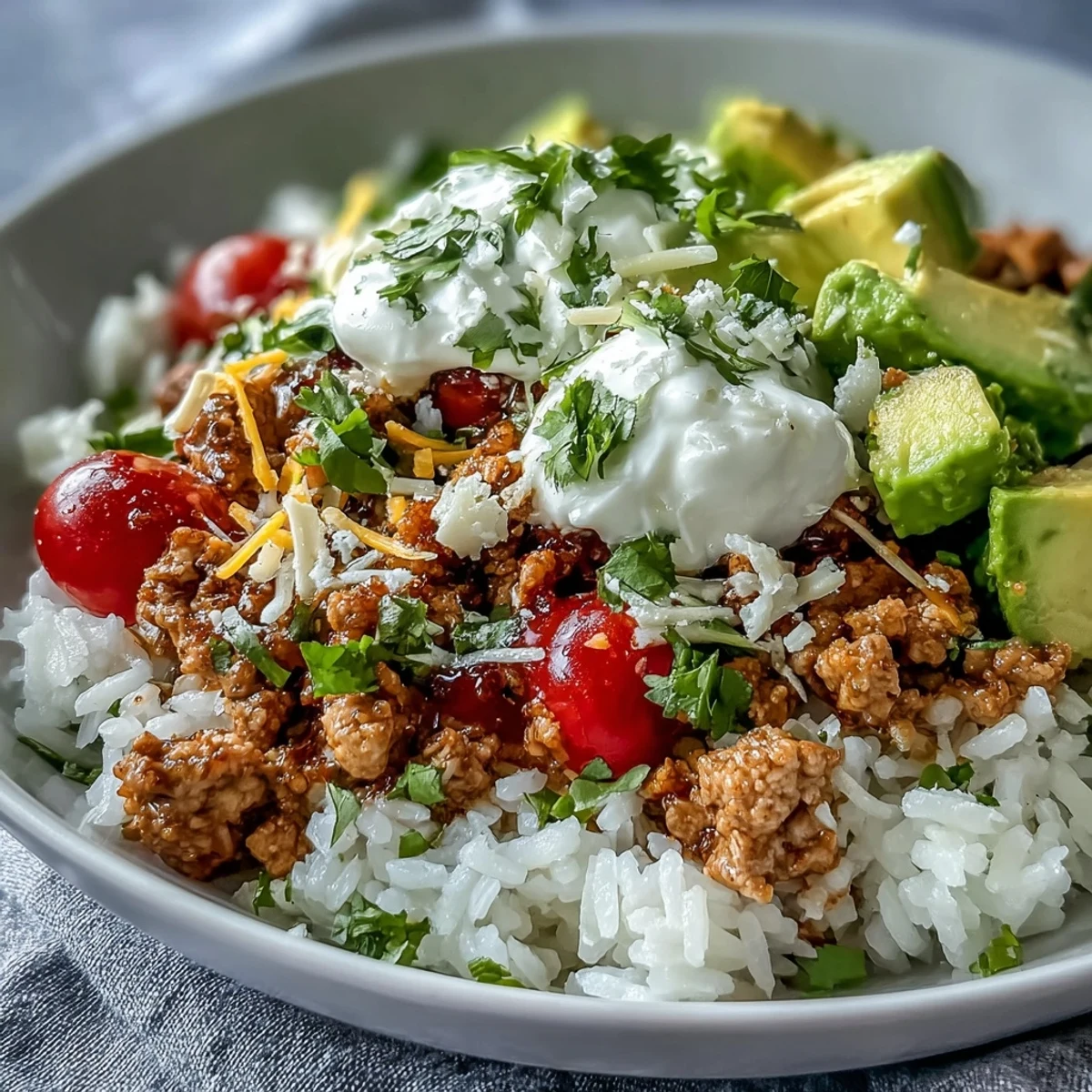 A wholesome Turkey Taco Bowl features tender turkey, spicy chili powder, and cool avocado, all piled high on warm rice with salsa.