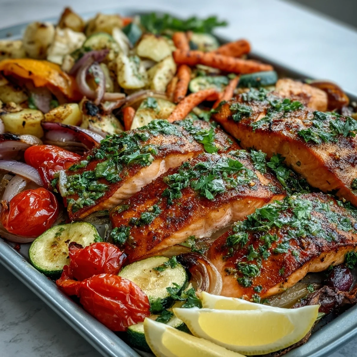 Frisch gebackenes Sheet Pan Salmon and Veggies Bowl mit knusprigem Lachs, roten Zwiebeln, Paprika, Zucchini und Kirschtomaten auf einem gepfefferten Steinplateau.