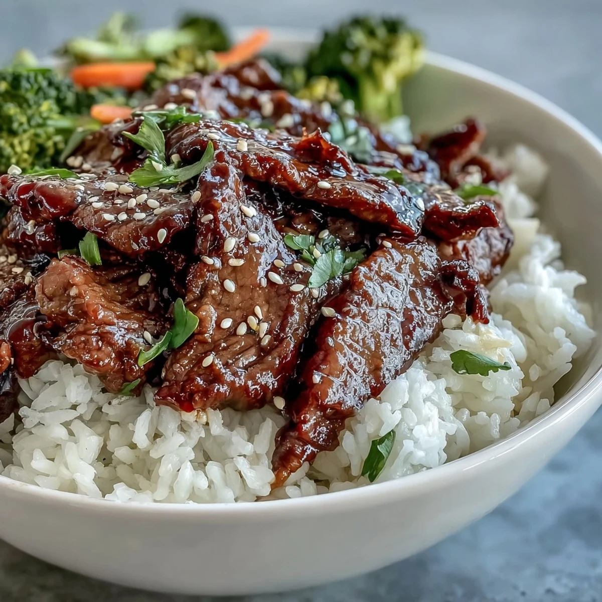Saftiges Rindfleisch in Teriyaki-Soße, serviert über dampfendem Reis mit bunten, glasierten Gemüsestreifen.