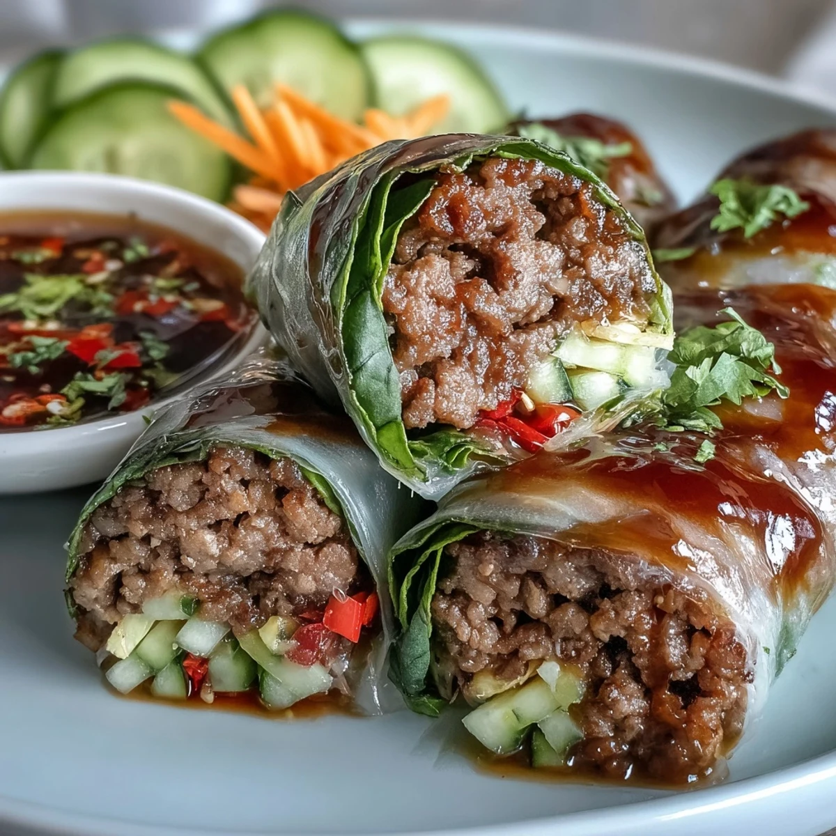 Hausgemachte Thai Basilikum Rindfleisch Rolls mit saftigem Fleisch, Minze und Limetten-Dip, perfekt für Asiatisch Abendessen.