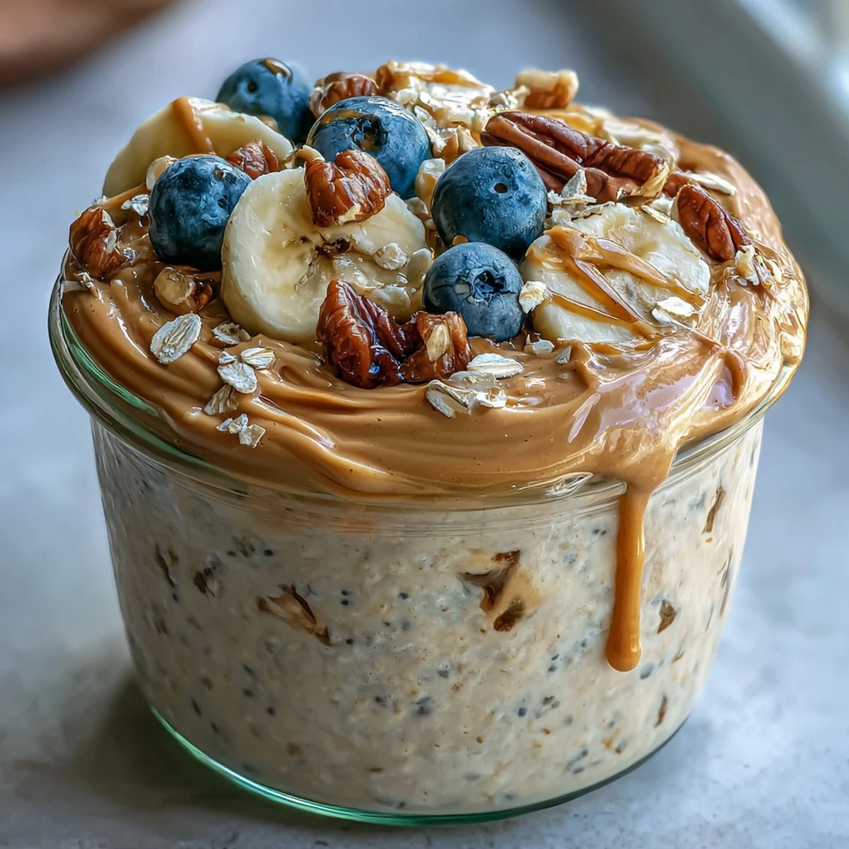 Ein nahrhaftes Frühstück aus cremigem Joghurt, Haferflocken und knusprigen Erdnüssen für den Morgen