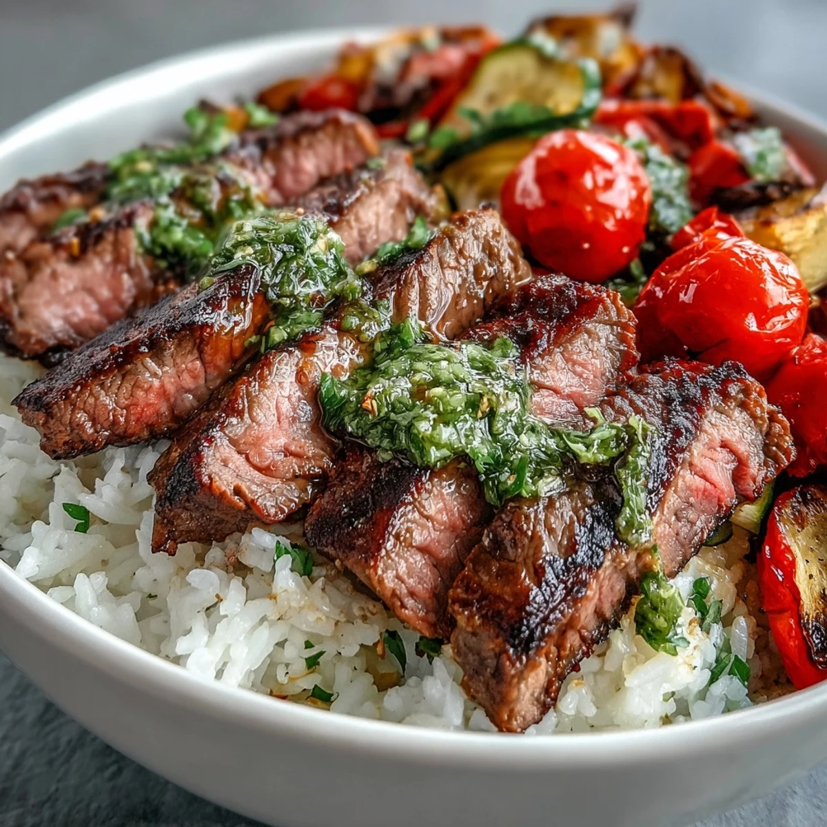 Savory Grilled Steak Bowl featuring juicy steak, rice, and roasted vegetables drizzled with chimichurri sauce.