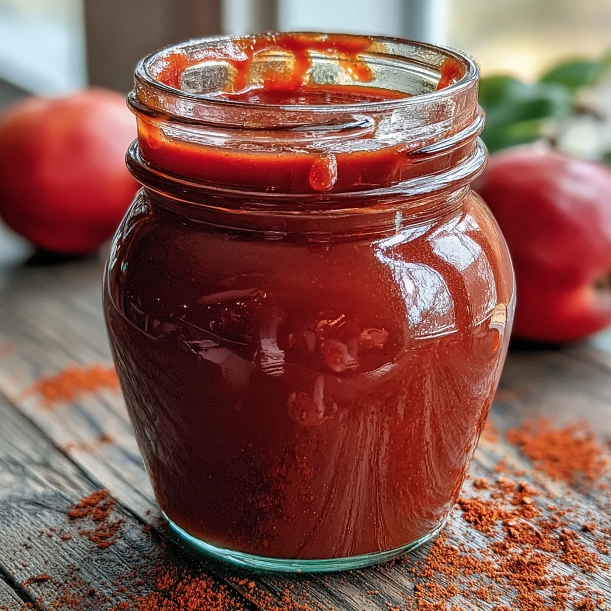 Guava BBQ Sauce From Scratch glänzt in einem Glas, glasig und rubinrot, mit einem Löffel bereit zum Verkosten.