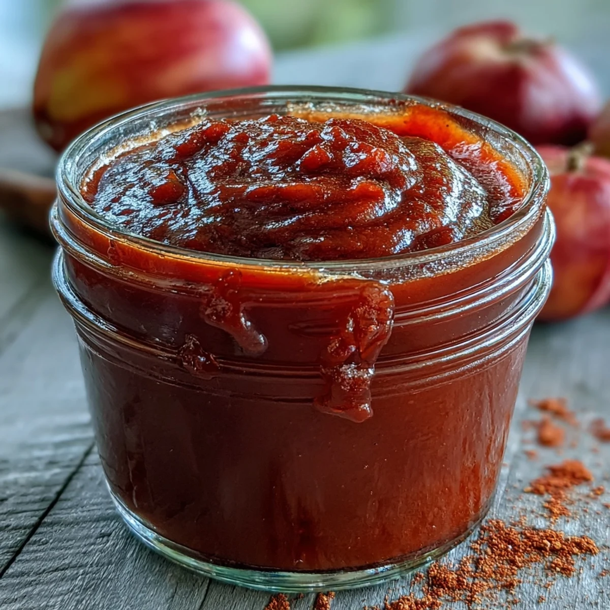 Homemade Guava BBQ Sauce From Scratch neben frischen Kräutern, bereit für Grillhähnchen oder Veggie-Spiesse.