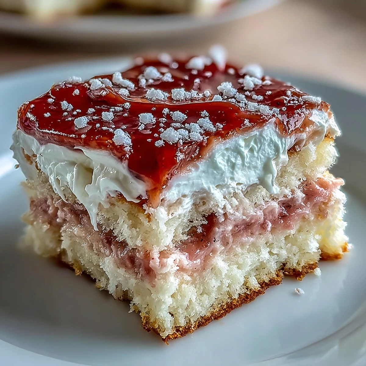 A freshly sliced Homemade Brazo Gitano with sweet guava paste and airy meringue topping on a serving platter.
