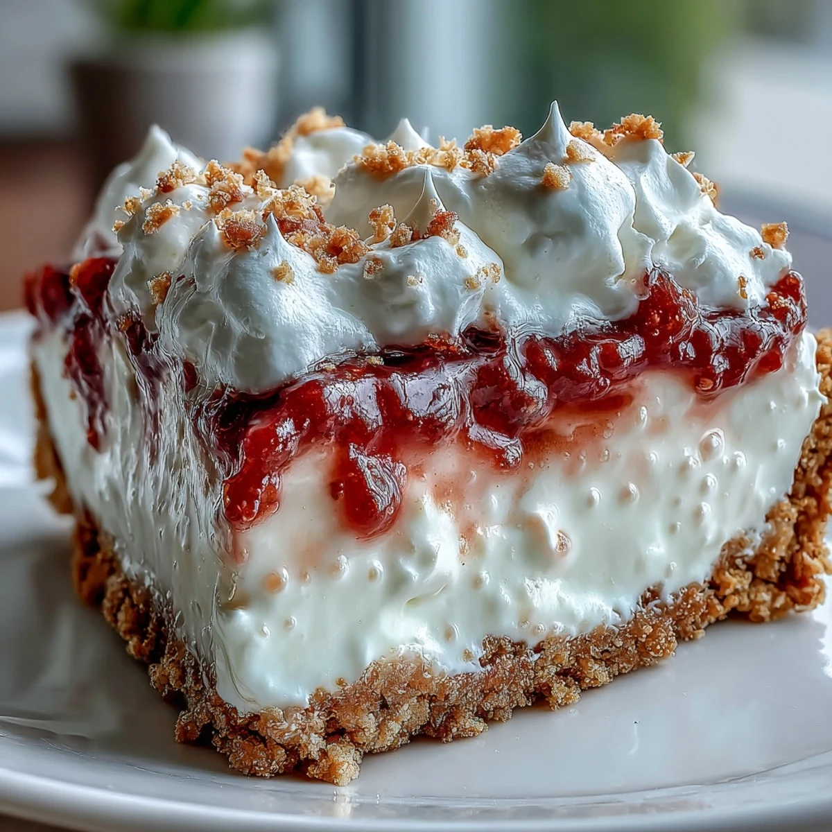Eine Scheibe Guava Cloud Pie mit rosa Füllung und frisch aufgeschlagener Sahne, serviert auf blau gestreifter Porzellanplatte.