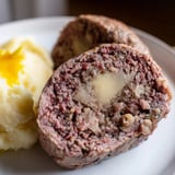 Close-up photo of traditional Scottish haggis, showing its textured, spiced meat and oat filling.
