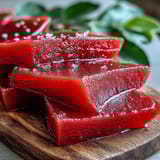 Ein goldbrauner Guava Konfitürenblock, glänzend und samtig, bereit für Dessert oder Creme-Käse-Cracker.