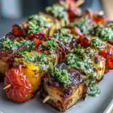 Bunte gegrillte Gemüse-Spieße mit aromatischer Kräutersauce, ideal für Outdoor-Feste.  