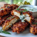 Goldbraune, extra knusprige Pickle Brine Chicken Tenders, bereit zum Dippen.