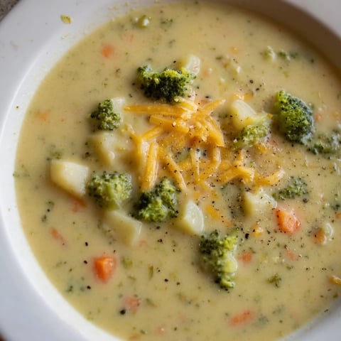 Steamy bowl of creamy broccoli and cheese soup, garnished with freshly grated cheese and pepper.