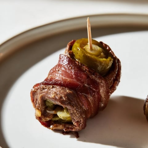 Mini Rouladen with mustard, pickles, and bacon, seared, then braised, making a savory appetizer.