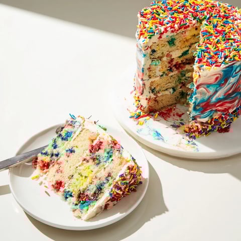 A slice of Chaotic Funfetti Cake with colorful sprinkles and creamy, vibrant frosting.