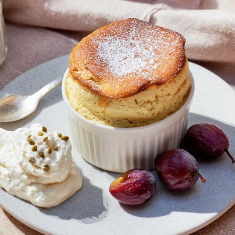 Light and fluffy Mulled Wine Soufflé, served warm with spiced plums and vanilla cream.