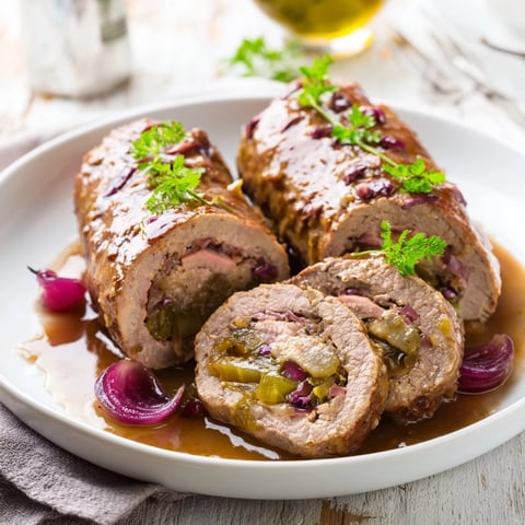 Plated Sauerbraten Roulades with glistening sauce, garnished with microgreens, ready to be enjoyed.
