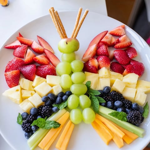 A colorful Butterfly Fruit Tray is presented, featuring fresh berries and melon pieces.