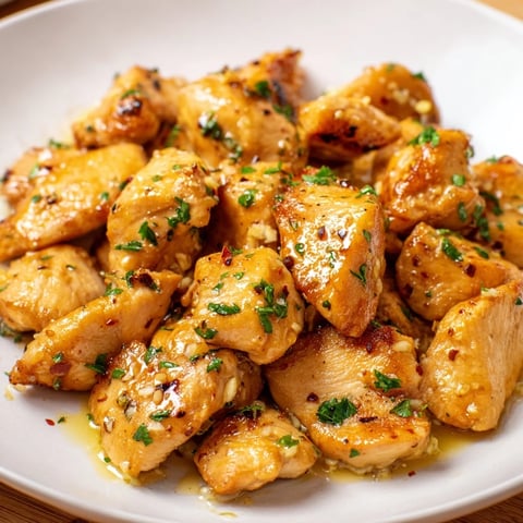 Golden-brown garlic butter chicken bites, glistening with a creamy sauce and fresh parsley.