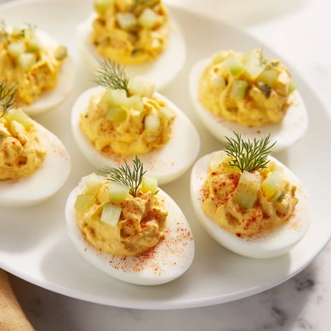 Creamy Dill Pickle Deviled Eggs garnished with fresh dill, ready to serve at a picnic.