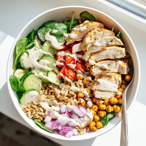 Goldenroastiger Hähnchenbruststreifen und knusprige Kichererbsen auf einem Bett aus Farro und grünem Gemüse, übergossen mit cremiger Zitronen-Tahini-Sauce.  