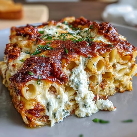 Overhead view of the Freezer Make-Ahead Baked Ziti, featuring golden melted mozzarella and a hearty tomato sauce.