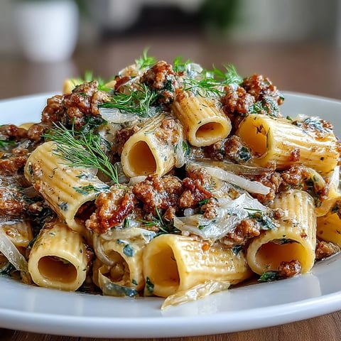 Rustikales Winter Pasta mit Wurst und Fenchel auf weißem Teller, garniert mit grünen Fenchelfröndchen und Parmesanspänen auf blauem Tisch.  