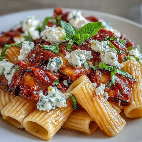 Roasted eggplant and rigatoni in a rich tomato sauce with ricotta salata garnish for a hearty Pasta Alla Norma.