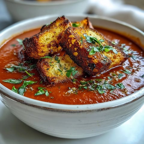 Geröstete Paprikasuppe mit knusprigen Croutons – eine samtige, orangerote Suppe mit gerösteter Paprika und frischen Kräutern.