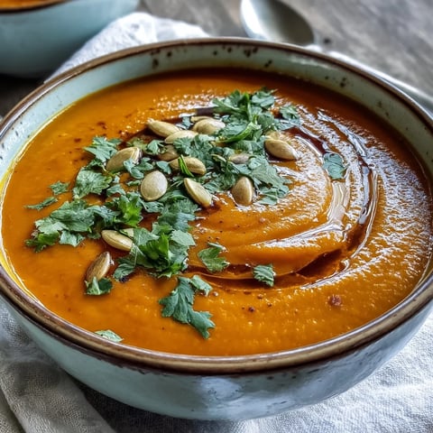 Cremige Carrot Ginger Soup in einer Schüssel, garniert mit frischen Kräutern und einem Klecks Kokosmilch.