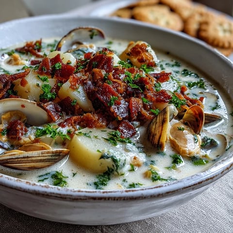 Creamy New England Clam Chowder with diced potatoes, bacon, and fresh parsley served hot in a rustic bowl.