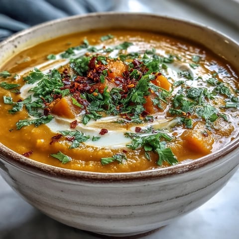 Golden-orange Carrot and Lentil Soup steaming in a bowl, garnished with fresh herbs and a swirl of cream.