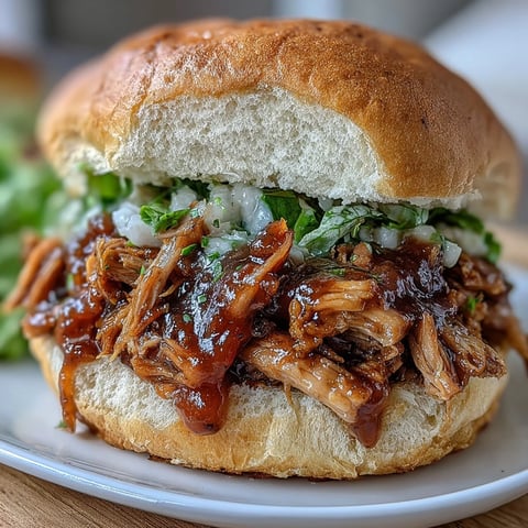 Zarter, langsam gegarter pulled pork mit Apfelmus, auf weichen Brötchen für ein süß-saures Sandwich.