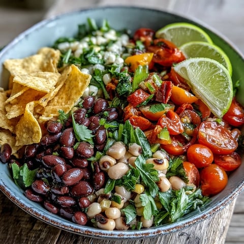 Ein bunter Schüsselsalat Cowboy Caviar mit schwarzen Bohnen, Mais, Paprika und frischer Koriander, angerichtet in einer Schüssel.