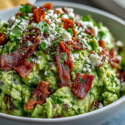 Creamy Bacon Guacamole With Cotija Cheese served with tortilla chips in a rustic bowl.