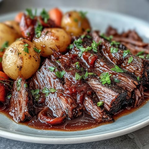 Saftiges Beef Pot Roast mit weichem Rindfleisch, Karotten und baby potatoes im aroma-vollen Sud.