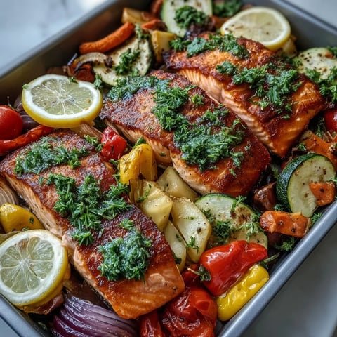 Goldene Lachsfilets und bunte Gemüsestücke auf einem Backblech mit frischen Kräutern und Zitronenscheiben, serviert als gesundes Abendessen für vier Personen.