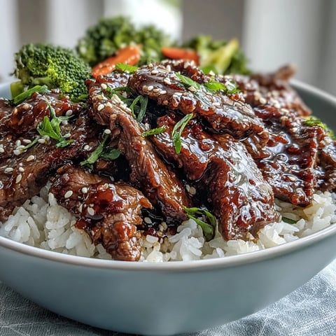 Ein leckerer Teriyaki Beef Bowl mit glasierten Rindfleischscheiben über duftendem Reis und knackigem Gemüse.
