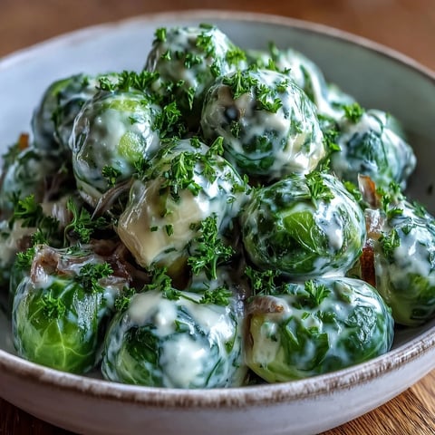 Crispy Brussels sprouts tossed in a creamy Dijon mustard sauce, garnished with parsley.