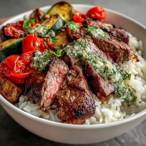 Tender grilled steak sliced thin atop fluffy rice with roasted vegetables in a vibrant chimichurri sauce.