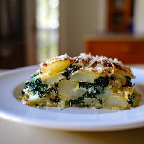 Köstlicher Spinach und Kartoffel Kastelruther Auflauf, überbacken mit geschmolzenem Käse und Kräutern.  