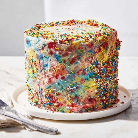 This homemade Chaotic Funfetti Cake with playful sprinkles looks delightful, ready to be enjoyed.